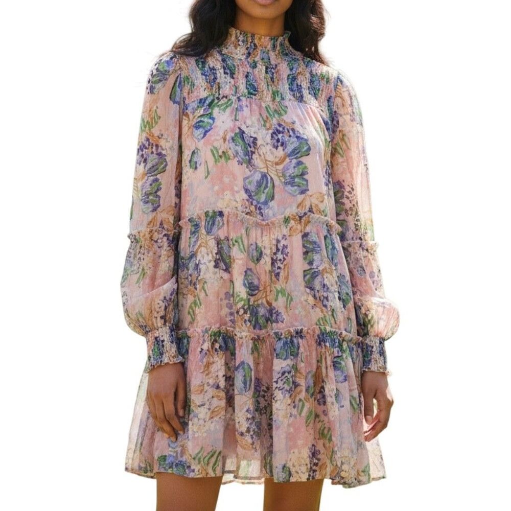 Fate Mini Dress Smocked Mock Neck Tiered Floral Peach Purple Green S